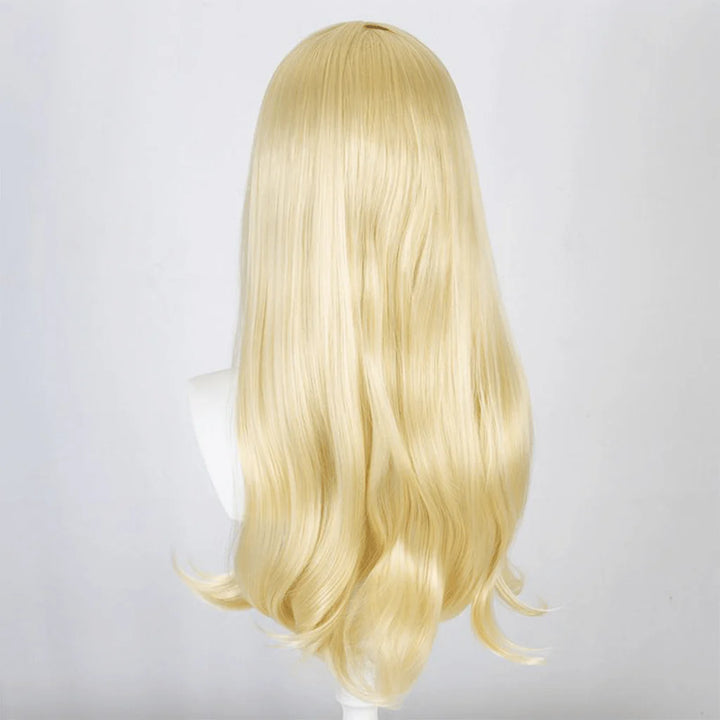 Close-up detail of blonde Barbie wig showing high-quality synthetic fiber texture and natural-looking blonde color