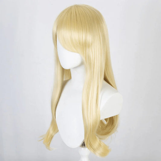 Blonde Barbie wig side profile view showcasing length and volume of synthetic blonde hair with natural texture