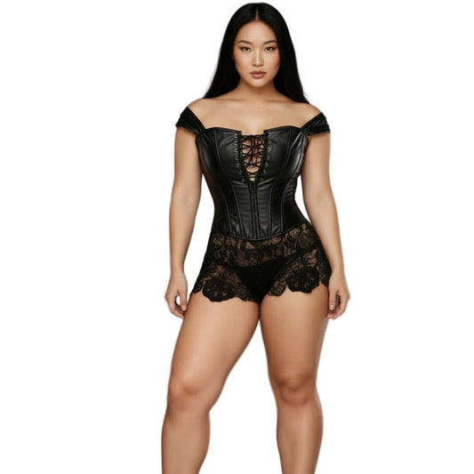 Bordeaux corset dress black faux leather lace-up corset dress with silver grommets, lace off-shoulder sleeves, and matching G-string