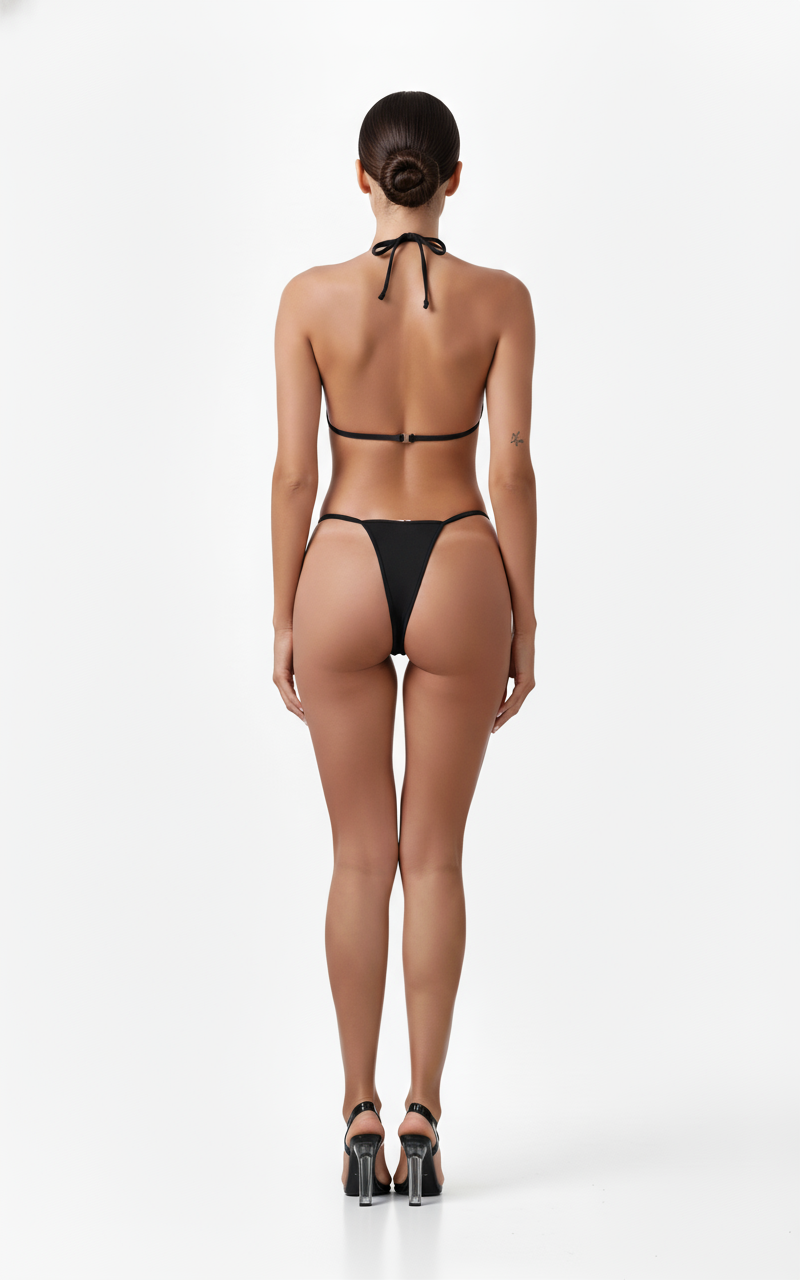 Black satin ribbon bra set with bow appliques and wrist cuffs - back view