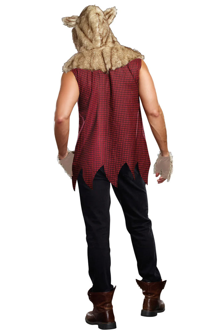 Mens Big Bad Wolf costume showing wolf hood, furry texture, and costume details back view