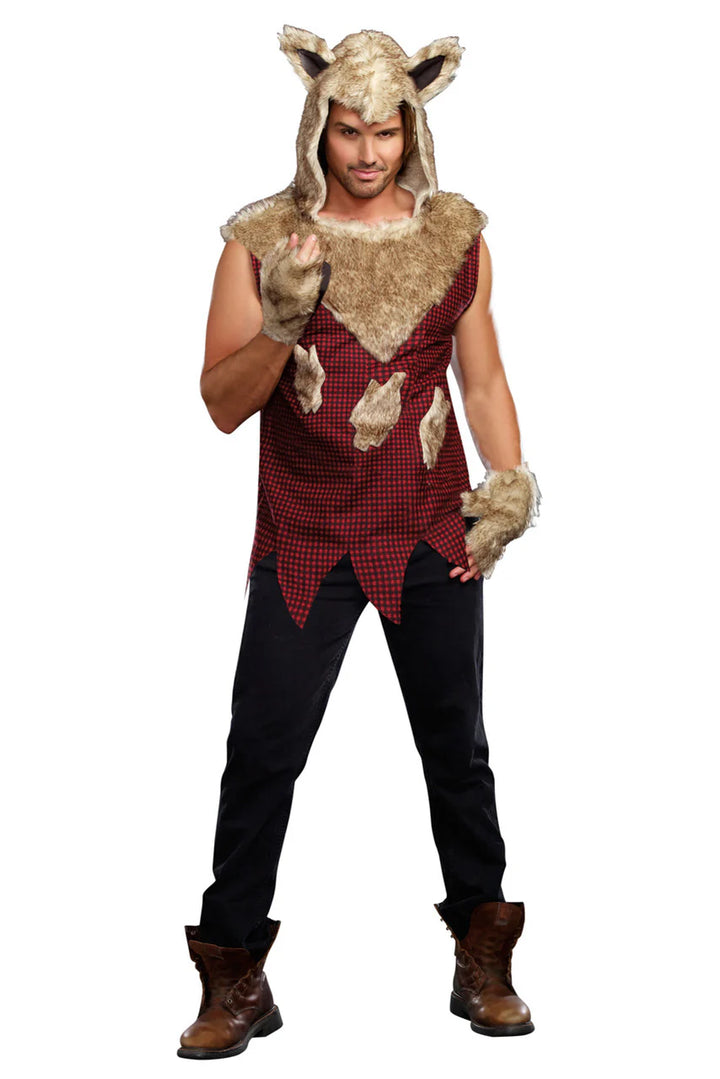 Men's Big Bad Wolf costume featuring grey furry wolf design with hood and character details