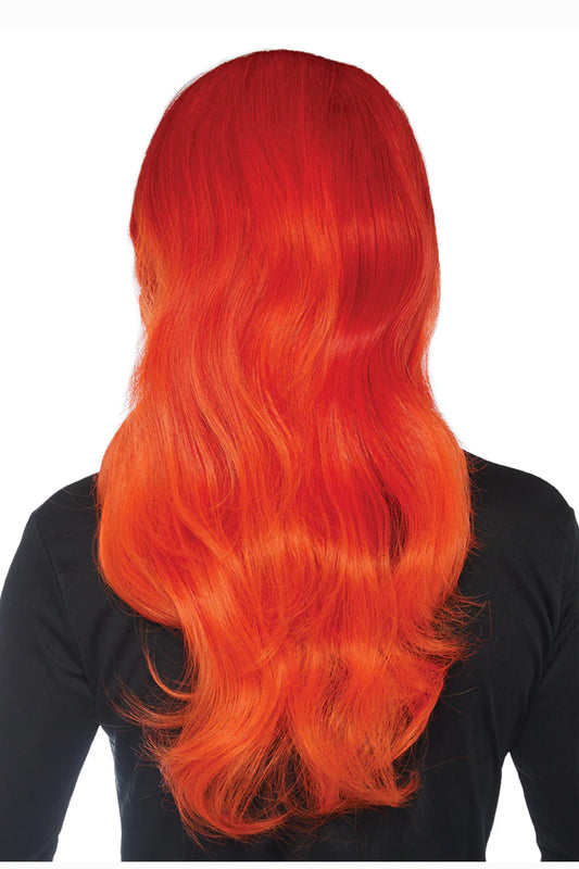 Fire orange synthetic fiber wig with natural-looking wavy curls and ombre effect Back View
