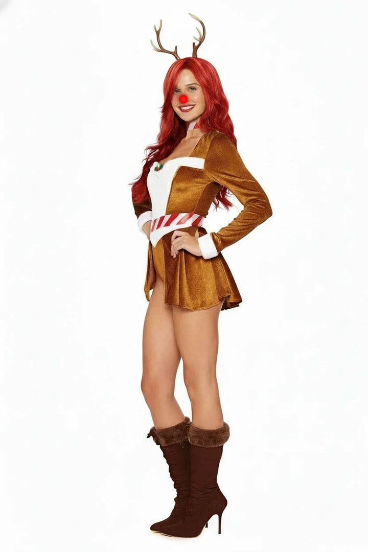 Sexy reindeer costume side view featuring antler headband, velvet bodysuit, and striped choker accessory