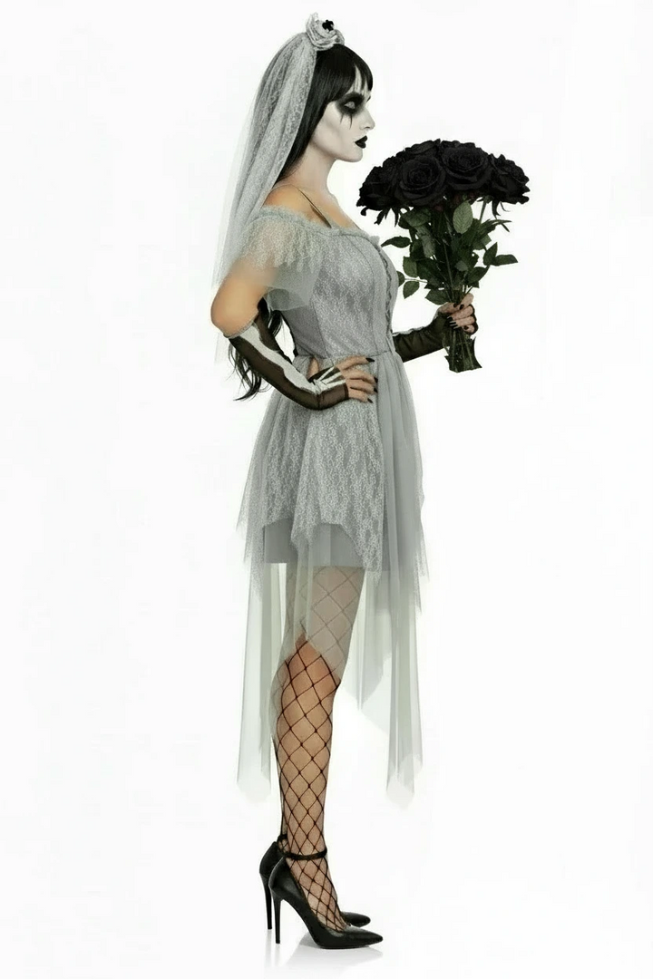 Til Death Do Us Part Costume - Side view displaying the flowing asymmetrical hemline and haunting spider embellishments on distressed bridal fabric