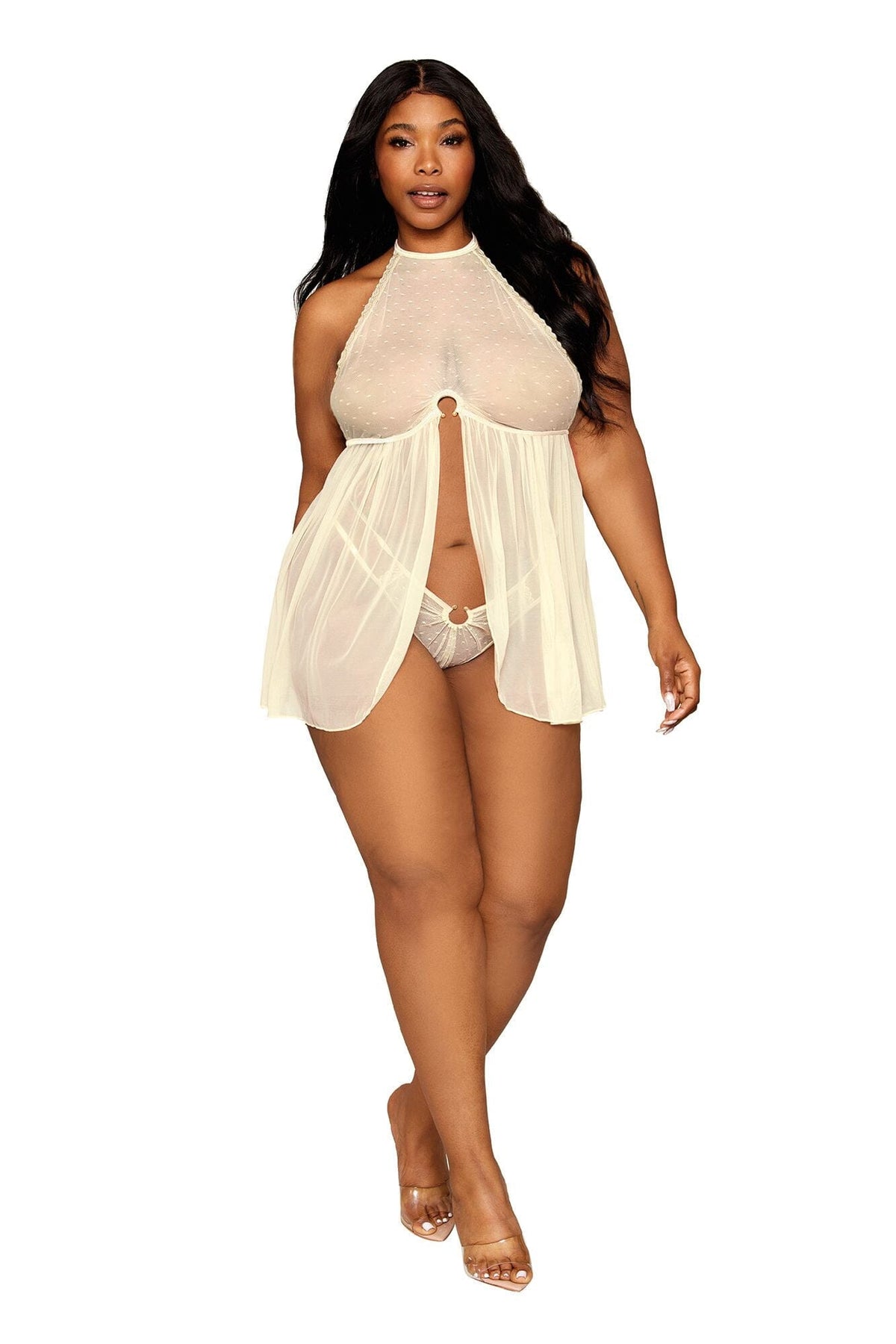 Dreamgirl Plus Polka-Dot Mesh Babydoll and G-string Set