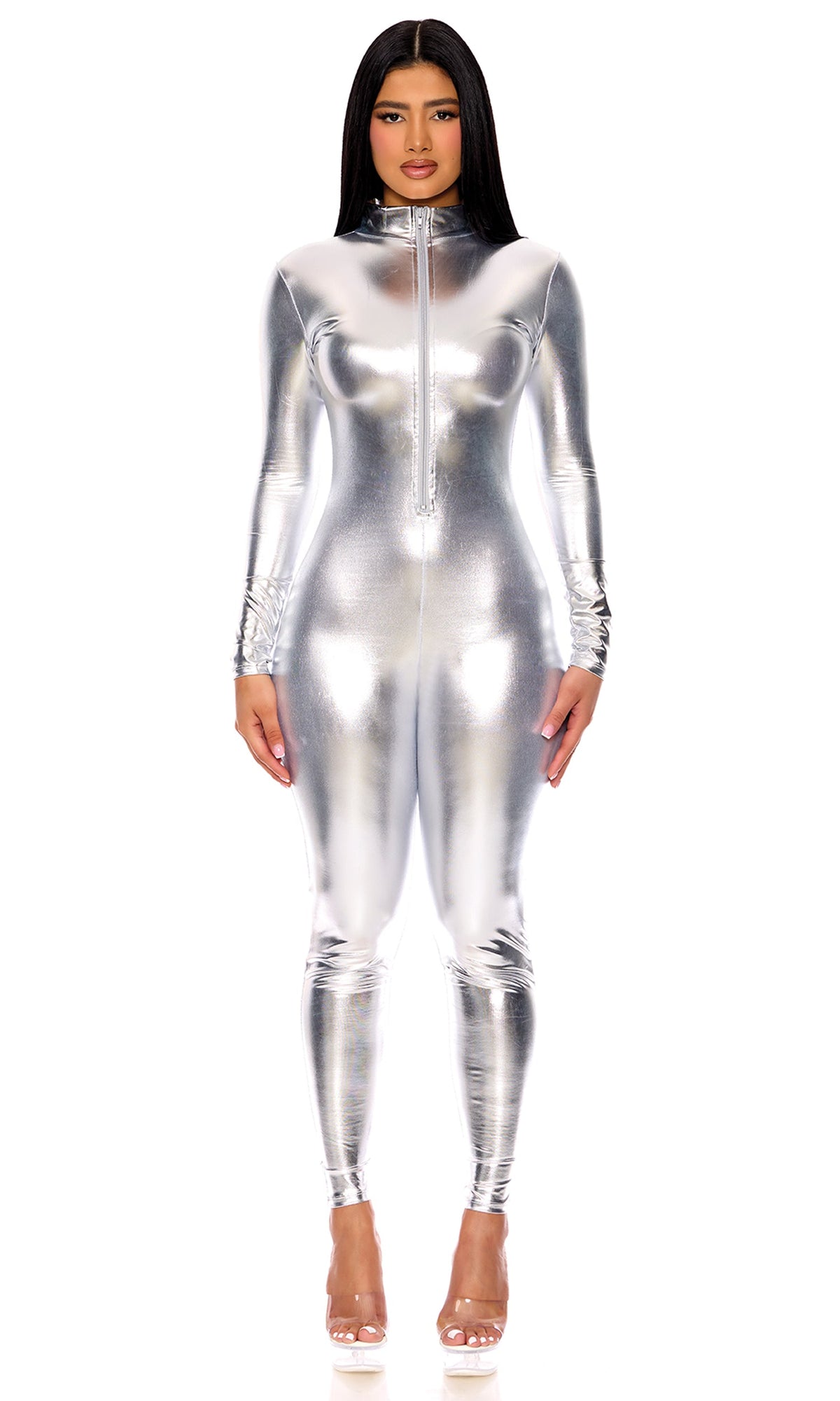 Metallic Mock Neck Catsuit - Silver detail