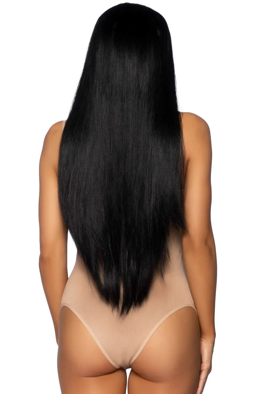 33-inch long straight black wig with center part displayed on model, showing natural flow and sleek texture
