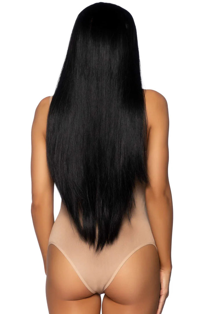 33-inch long straight black wig with center part displayed on model, showing natural flow and sleek texture
