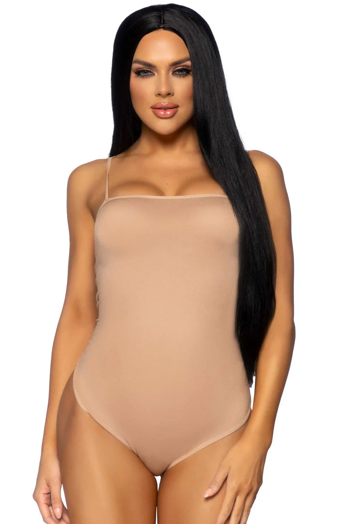 Close-up view of 33-inch straight black wig showing premium synthetic fiber quality and natural center part styling
