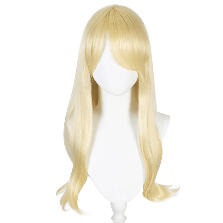 Blonde Barbie wig with long silky hair displayed on mannequin head, front view showing natural-looking hairline and full coverage
