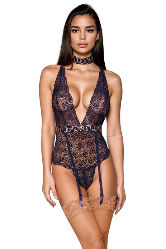 Navy Lace Teddy with Print
