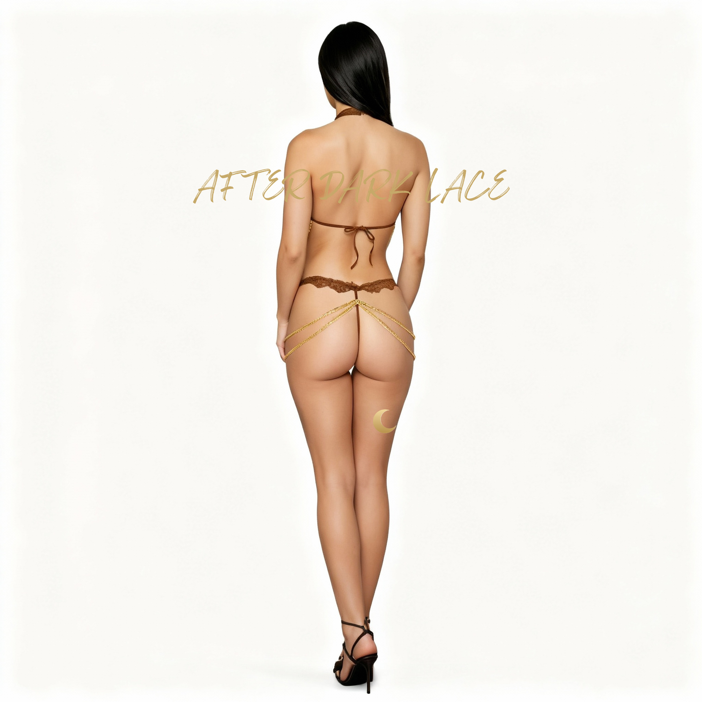 Espresso lace lingerie set with gold chain accents - styled detail shot