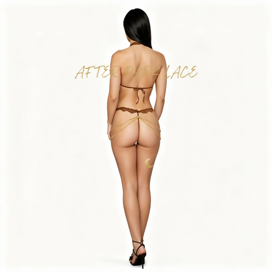 Espresso lace lingerie set with gold chain accents - styled detail shot