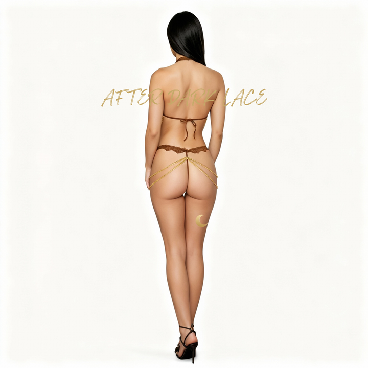 Espresso lace lingerie set with gold chain accents - styled detail shot