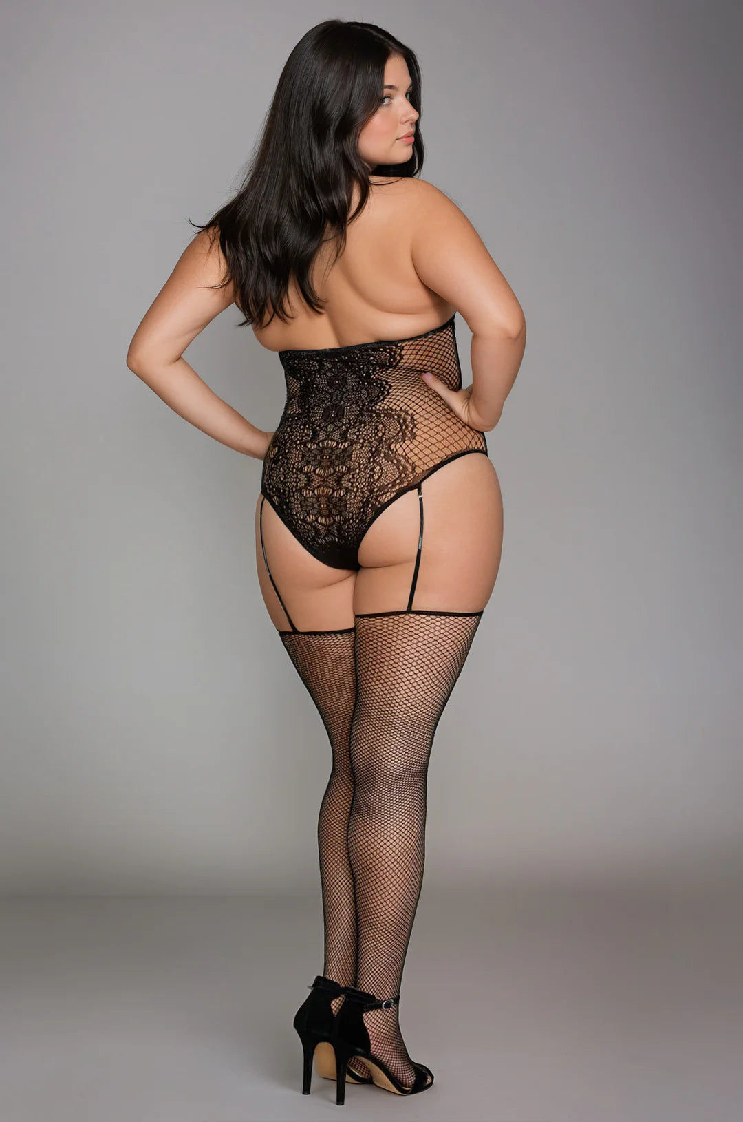 PLUS SIZE CUPLESS NET TEDDY BODYSTOCKING