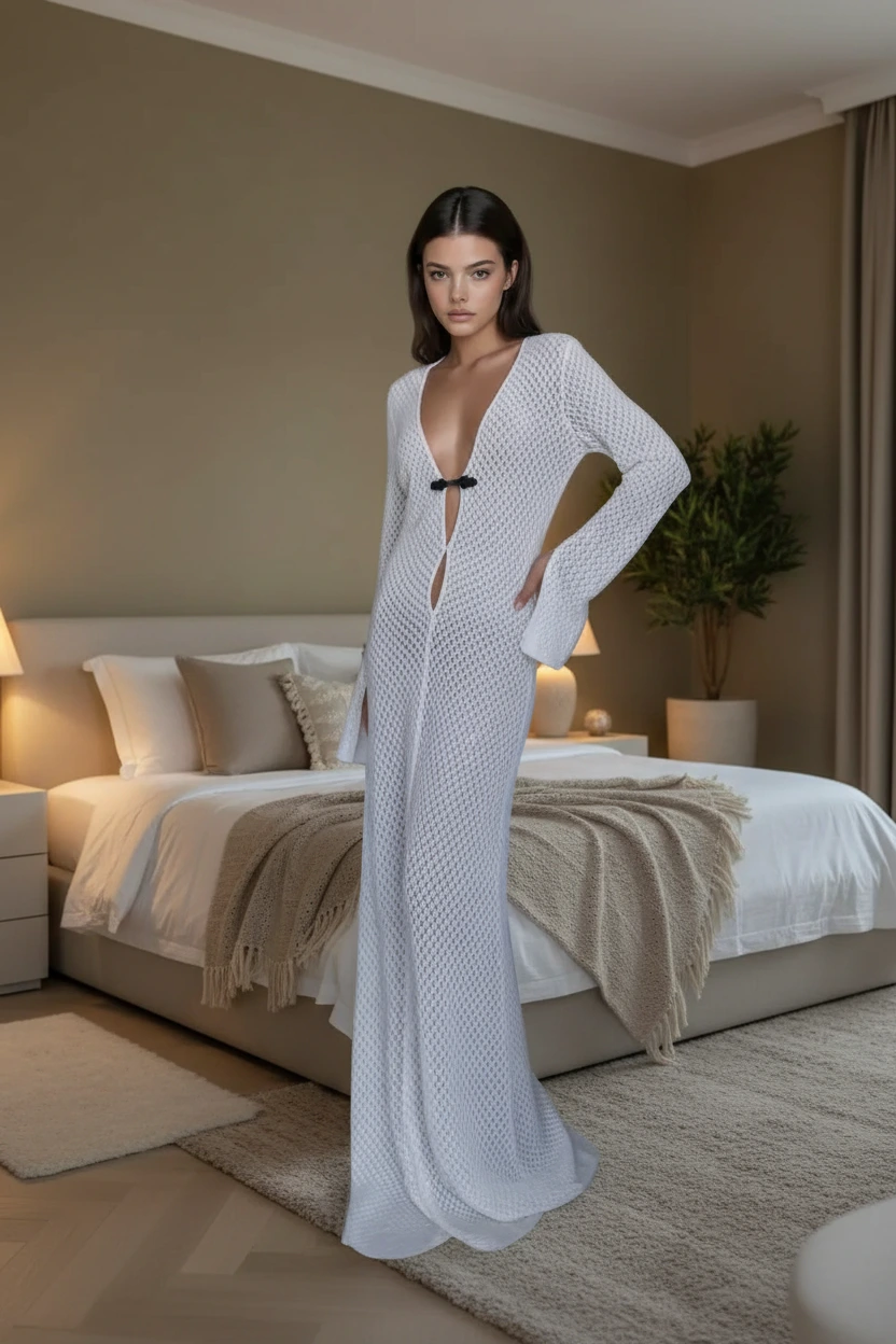 White Long Maxi Dress standing in a bedroom.
