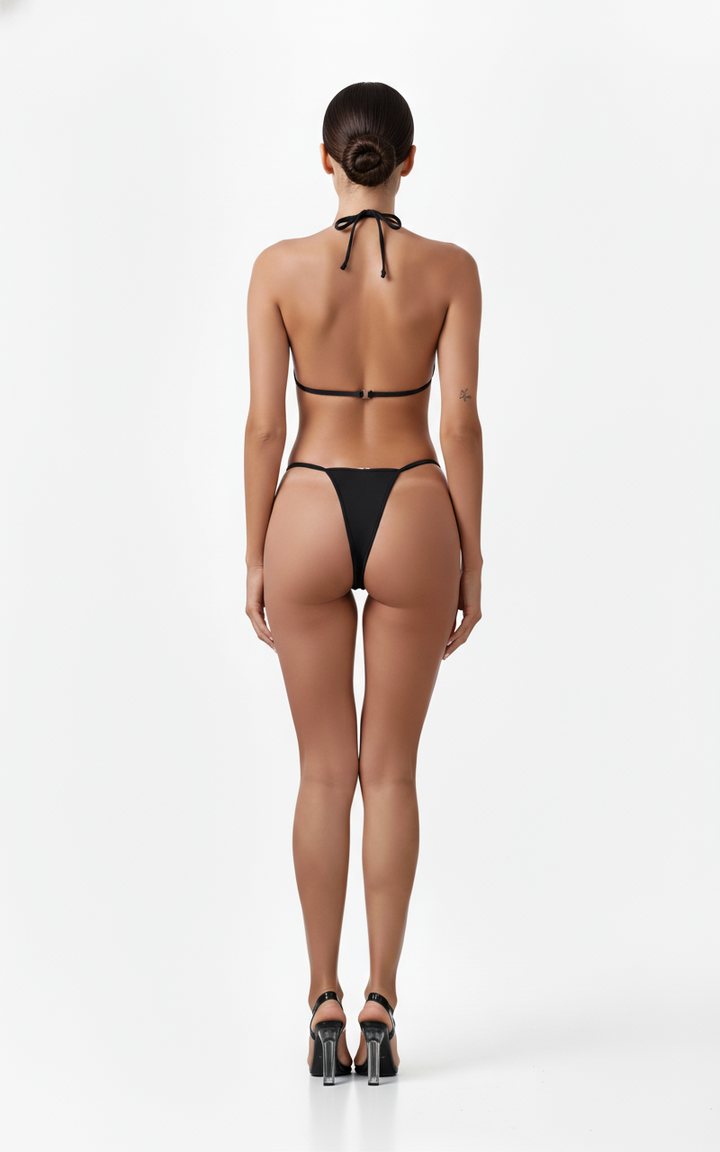 Black satin ribbon bra set with bow appliques and wrist cuffs - back view