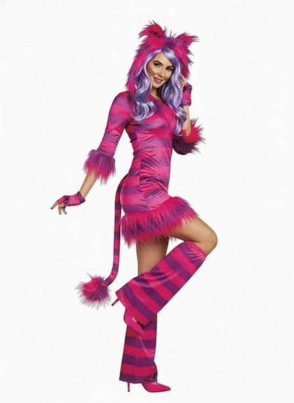 Magic Cat Costume - Side profile showing attached tail detail, faux fur trim, and whimsical Cheshire cat design with hood