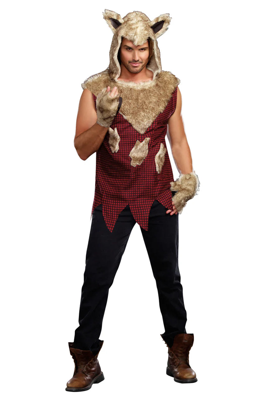 Men's Big Bad Wolf costume featuring grey furry wolf design with hood and character details
