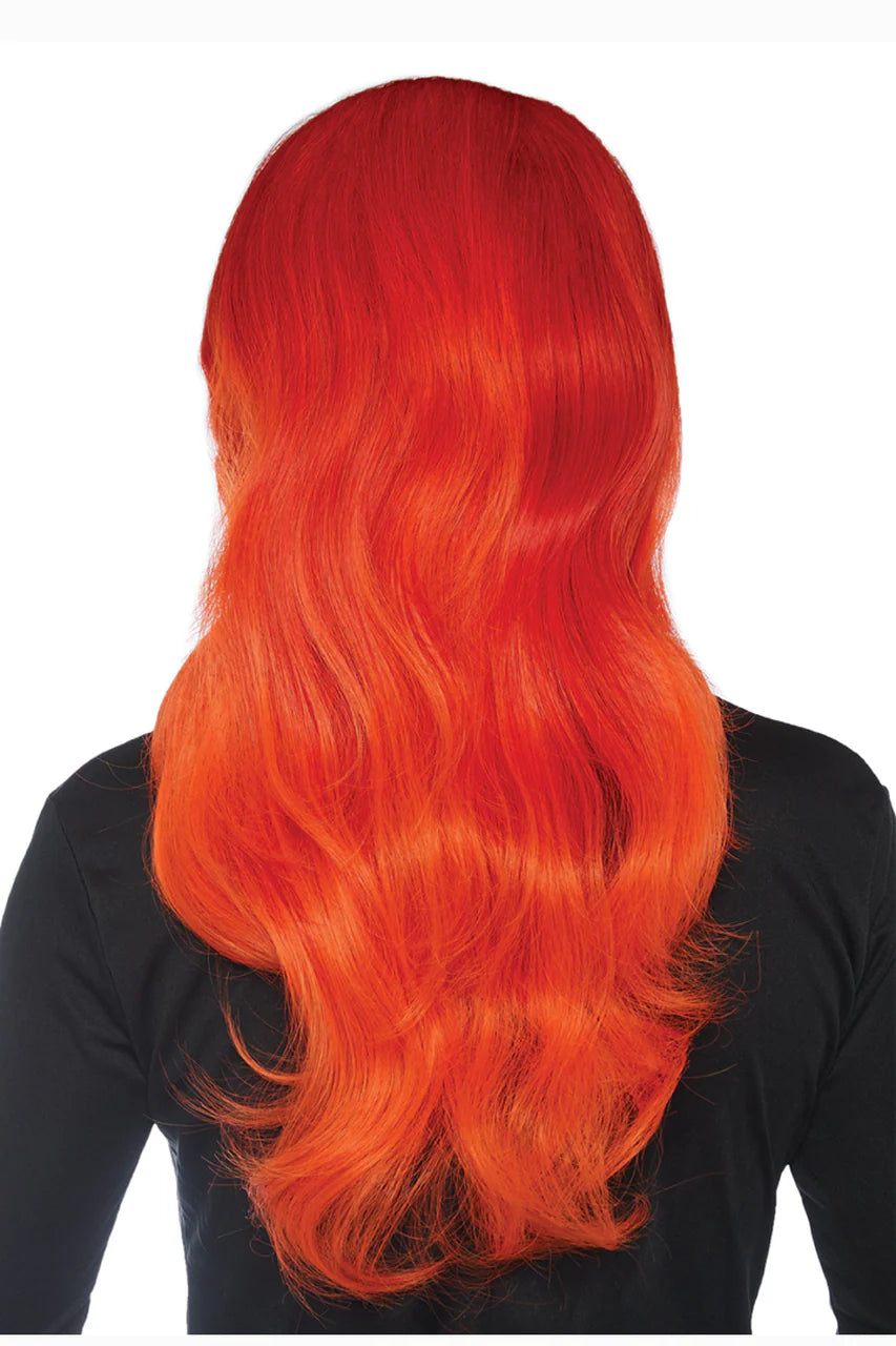 Fire orange synthetic fiber wig with natural-looking wavy curls and ombre effect Back View