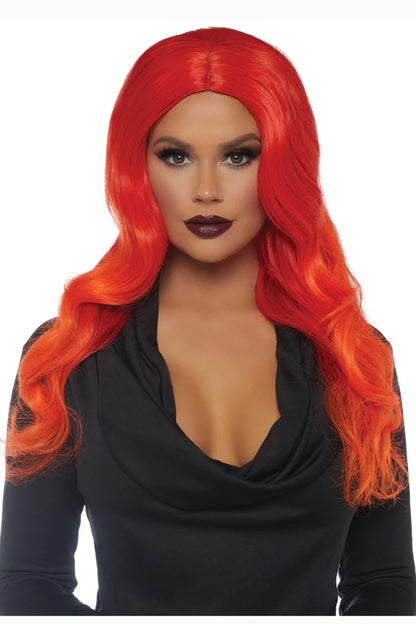 Orange ombré long wavy wig with fire orange synthetic fiber and built-in cap front view