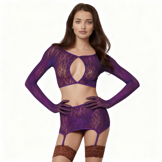 Midnight Violette Two-Piece - Purple seamless cropped cami with keyhole bust detail, attached gloves, and matching garter skirt