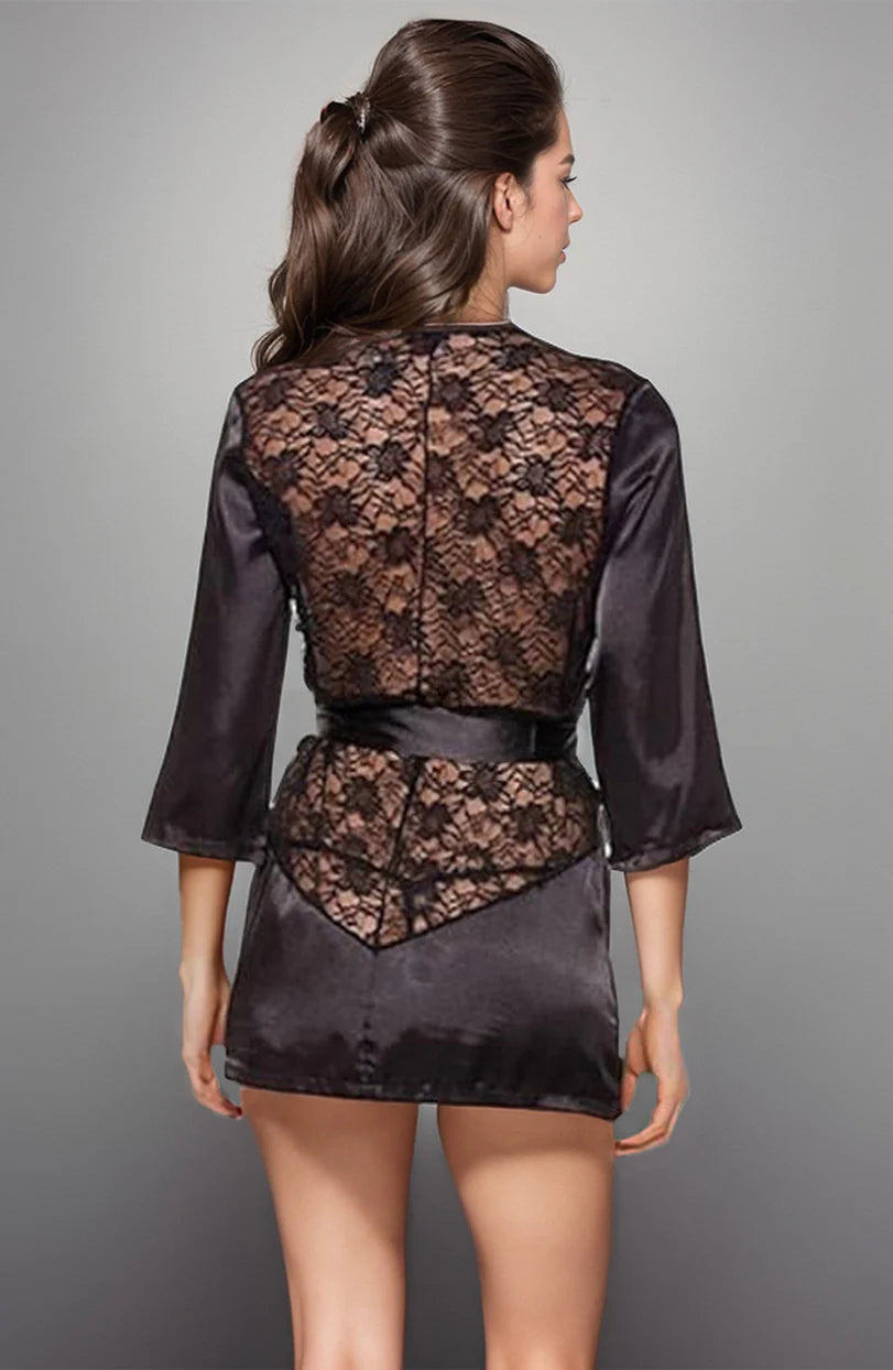 Black satin robe with lace detailing showing elegant belted waist and flowing silhouette back view