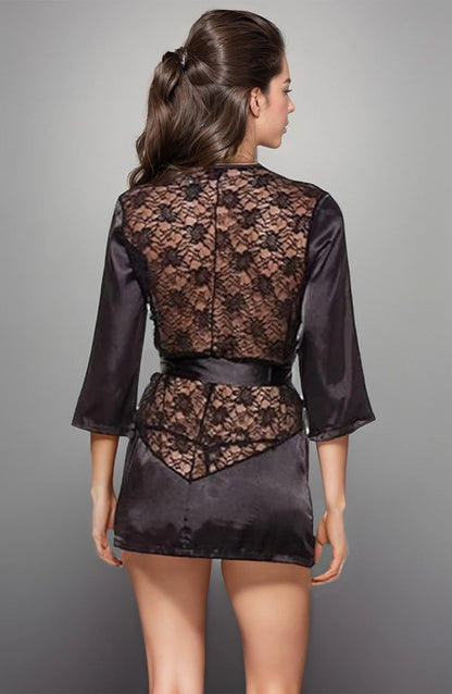 Black satin robe with lace detailing showing elegant belted waist and flowing silhouette back view