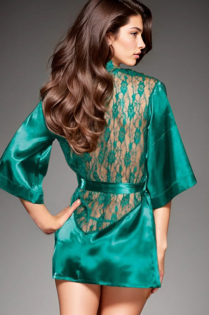 Green satin robe with lace - back view showing intricate lace panel
