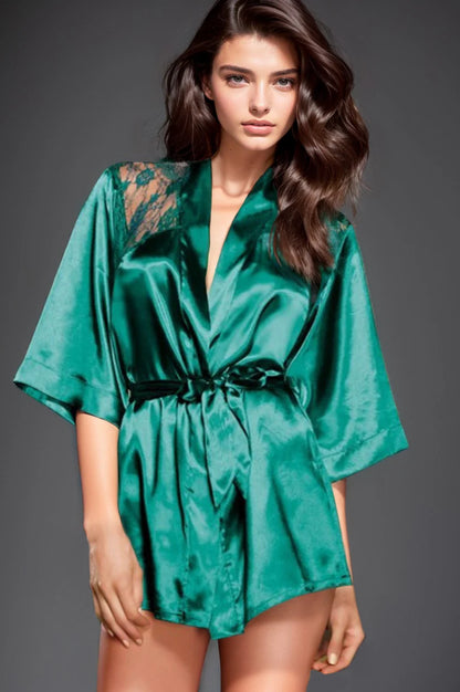 Green satin kimono robe close-up of lace back panel and satin tie belt

