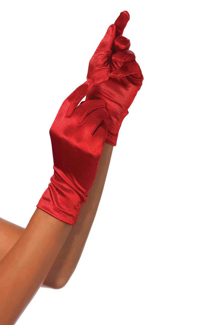 Red satin gloves styled for evening wear - sophisticated accessory
