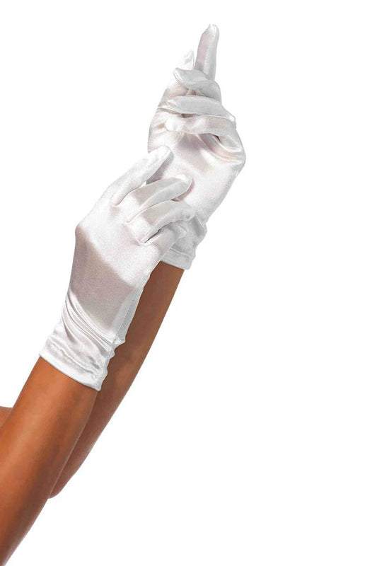 White satin gloves detail view - luxurious fabric texture and wrist fit
