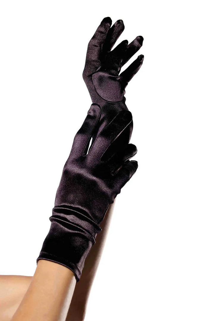 Black satin wrist-length gloves on model - elegant evening accessory
