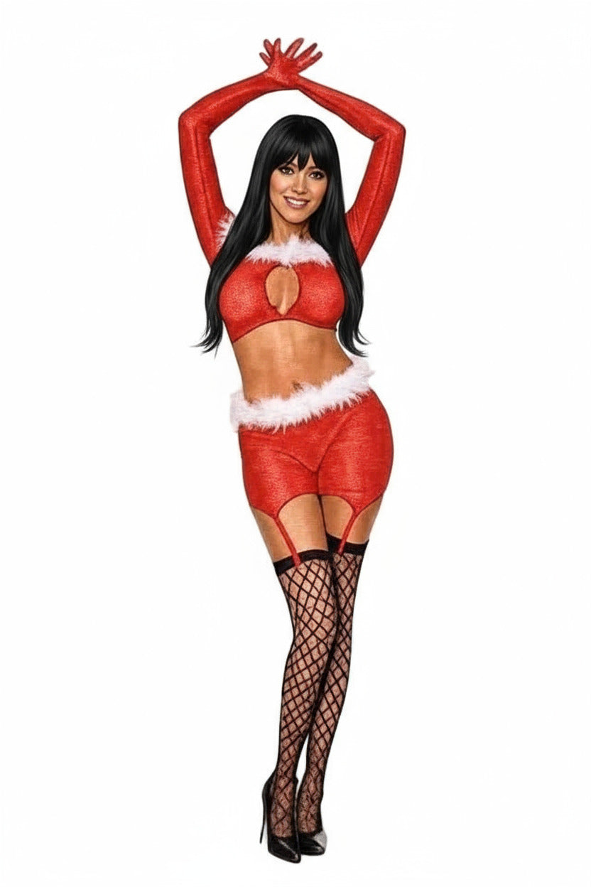 Seductive Mrs. Claus costume set in red velvet with white fur trim - sexy holiday lingerie ensemble
