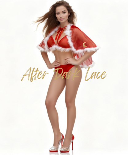 Woman wearing sexy red mesh Christmas bra set with white marabou trim and matching panty - front view