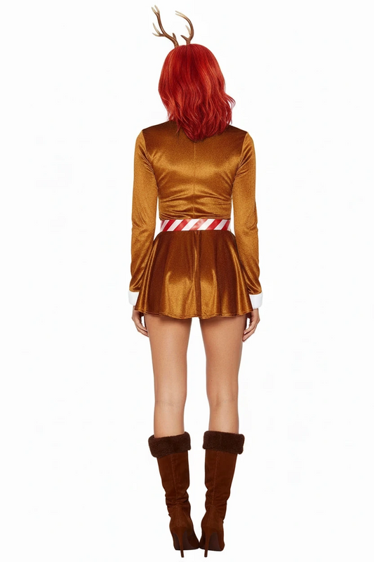 Sexy reindeer costume back view showing velvet bodysuit with faux fur trim and festive holiday details
