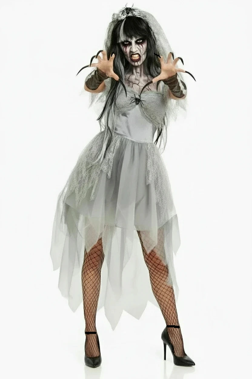 Til Death Do Us Part Gothic Bridal Costume - Front view showing distressed white gown with dramatic high-low hem, spider web appliqués, and macabre romantic details