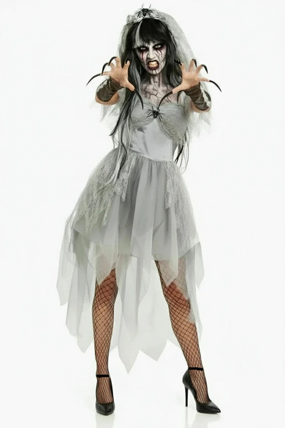 Til Death Do Us Part Gothic Bridal Costume - Front view showing distressed white gown with dramatic high-low hem, spider web appliqués, and macabre romantic details