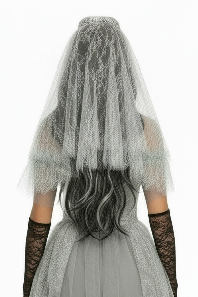 Til Death Do Us Part Bridal Costume - Detail of tattered lace veil and mesh gloves completing the gothic bride ensemble