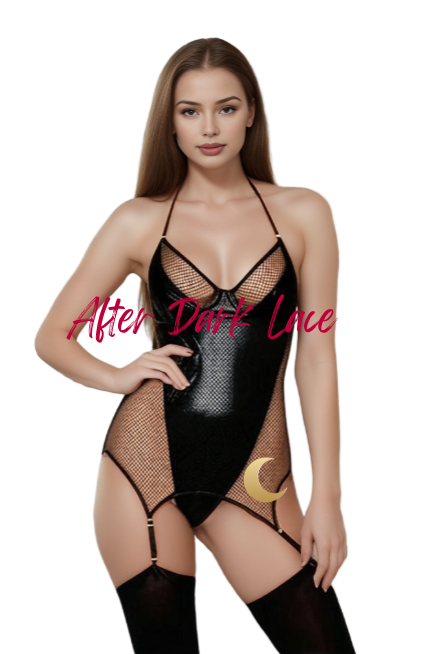 Wetlook and Mesh Chemise - Black glossy wet-look chemise with sheer mesh sides, halter neck, and garter straps