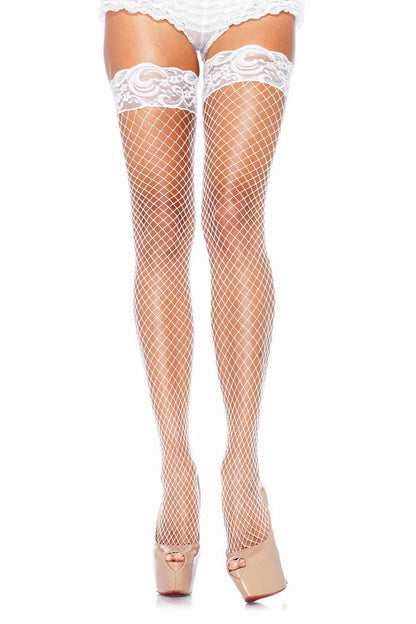 Stay-up fishnet thigh highs close-up detail showing wide net pattern and decorative lace top band
