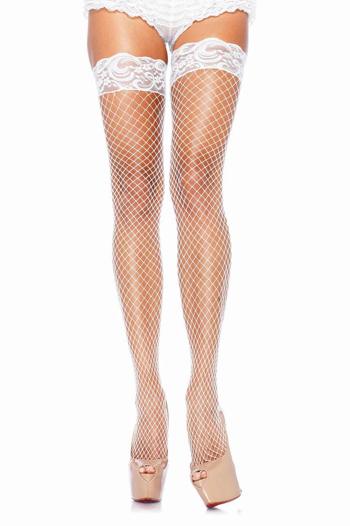 Stay-up fishnet thigh highs close-up detail showing wide net pattern and decorative lace top band
