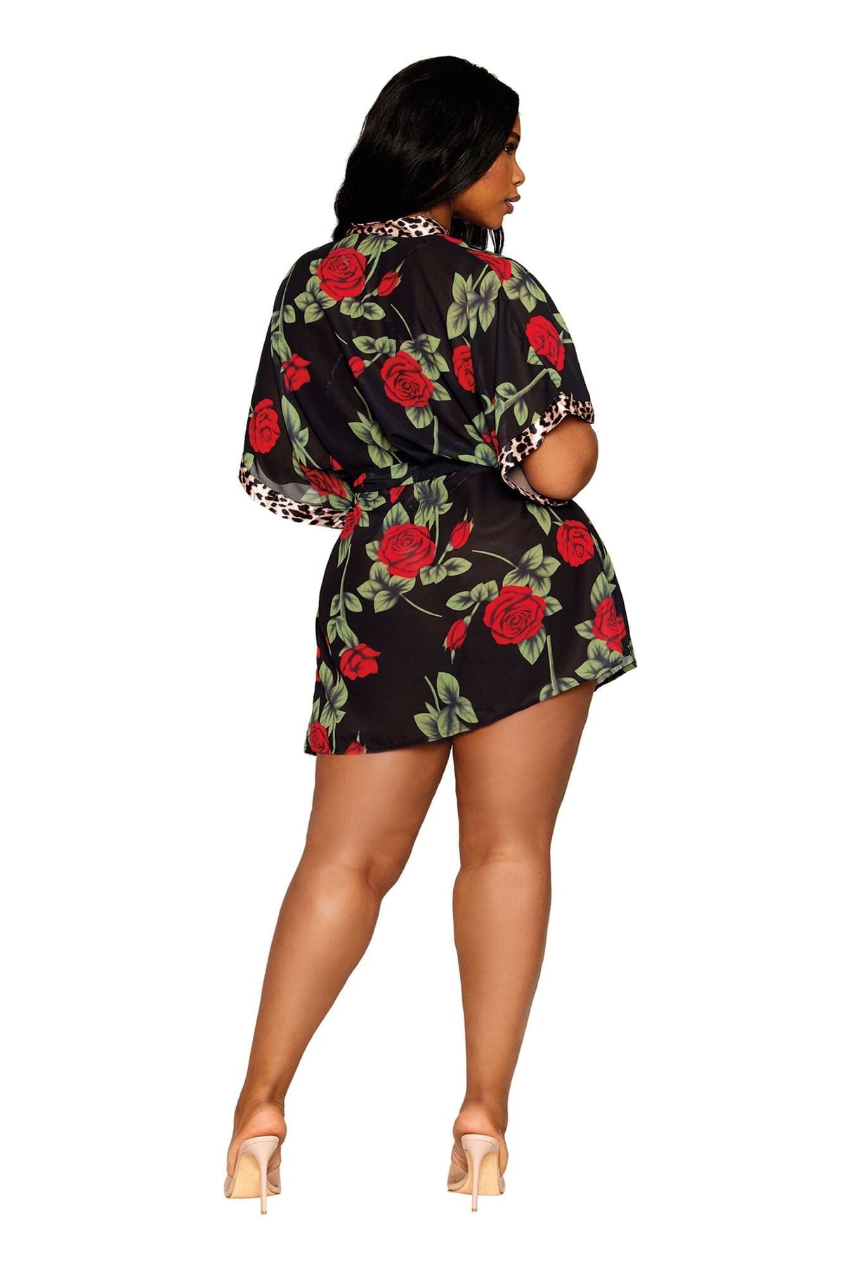 Dreamgirl Plus Rose Print Chiffon Robe with Leopard Print Satin Teddy Set