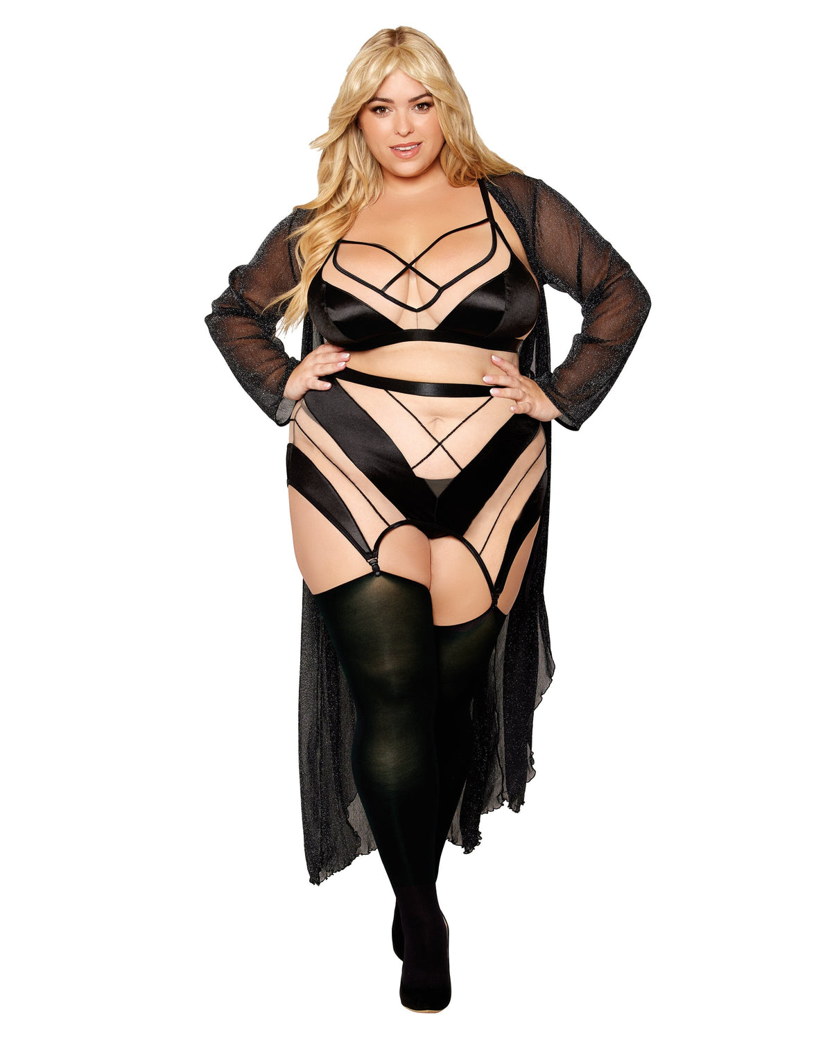 Dreamgirl Plus Sheer Panel Bralette, Garter Skirt, & G-String Set