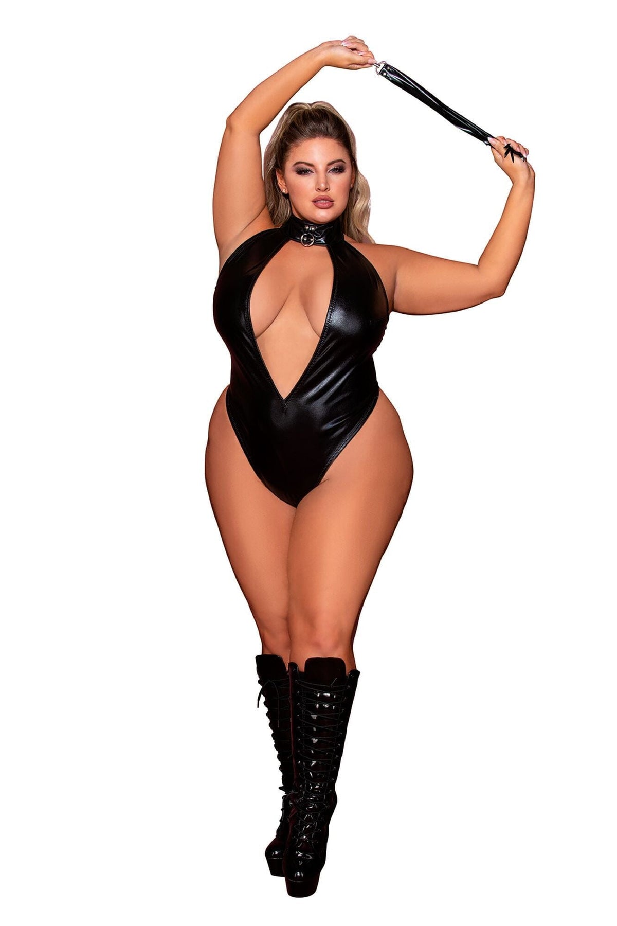 Dreamgirl Plus Faux-Leather Halter Teddy with Studded Collar & Flogger Accessory